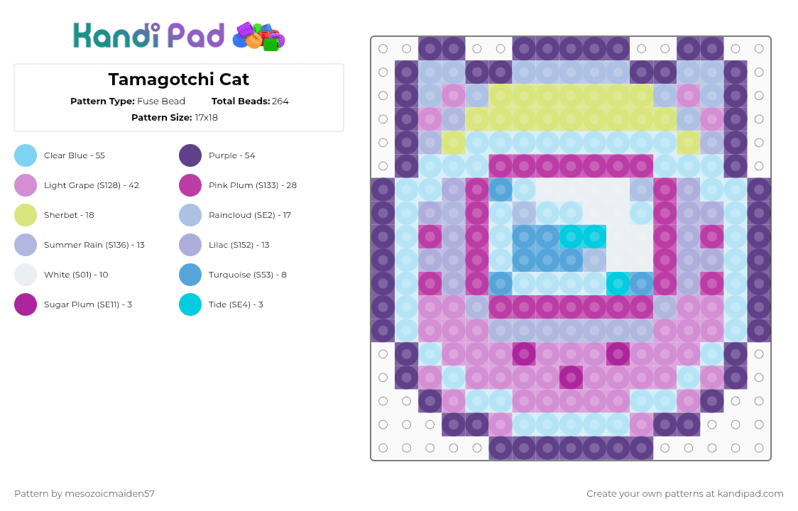 Tamagotchi Cat - Fuse Bead Pattern by mesozoicmaiden57 on Kandi Pad - cotdretrofuturism, light blue, pink