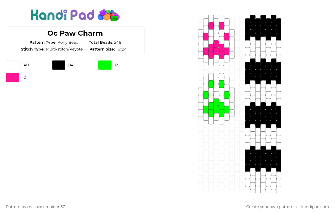 Oc Paw Charm - Pony Bead Pattern by mesozoicmaiden57 on Kandi Pad - white,green,pink