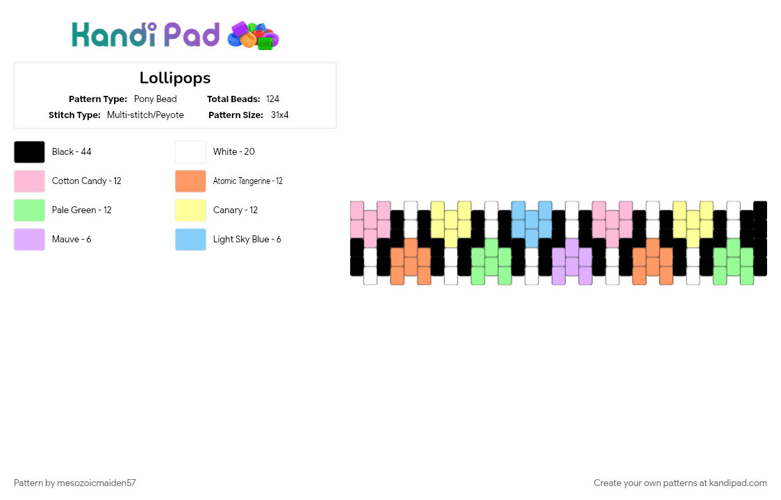 Lollipops - Pony Bead Pattern by mesozoicmaiden57 on Kandi Pad - candy, dessert, food, orange, pink, teal, yellow