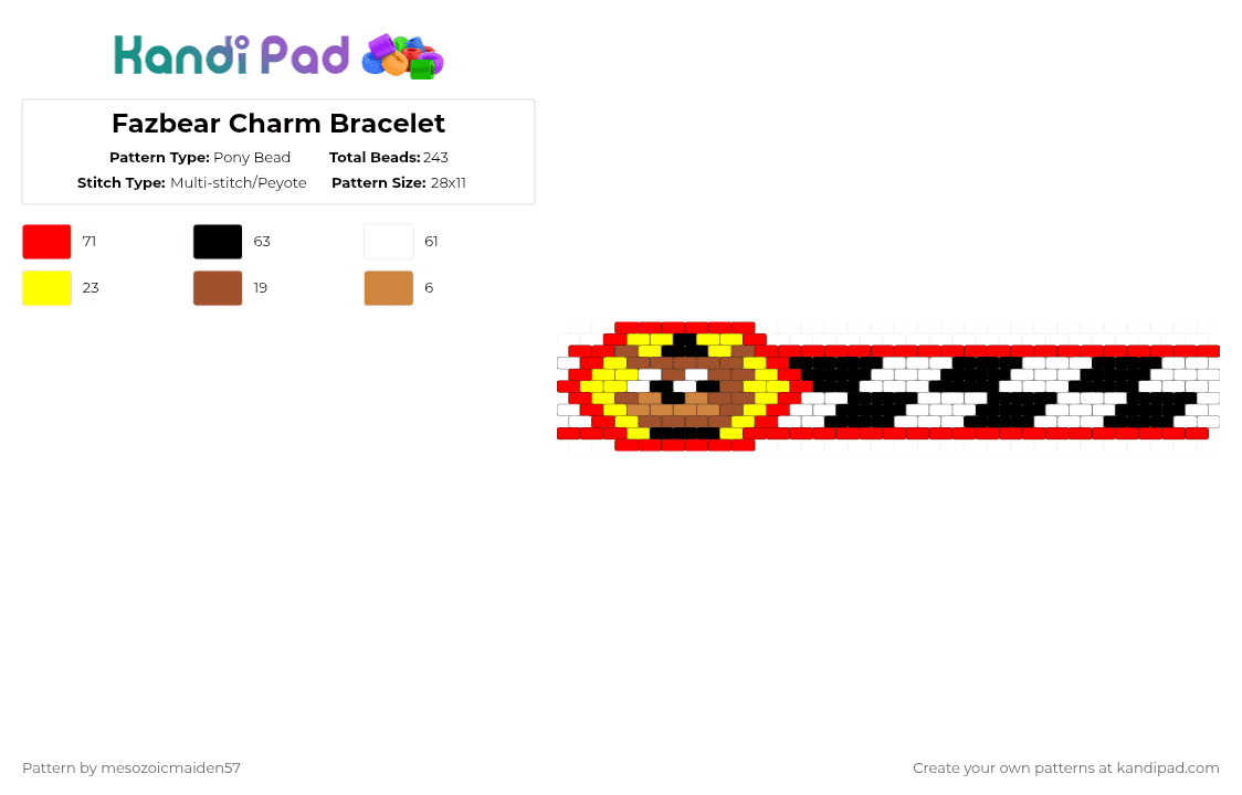 Fazbear Charm Bracelet - Pony Bead Pattern by mesozoicmaiden57 on Kandi Pad - red,fnaf,freddy,video game,horror