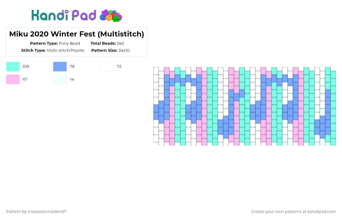 Miku 2020 Winter Fest (Multistitch) - Pony Bead Pattern by mesozoicmaiden57 on Kandi Pad - light blue,pink,vocaloid,miku,hatsunemiku