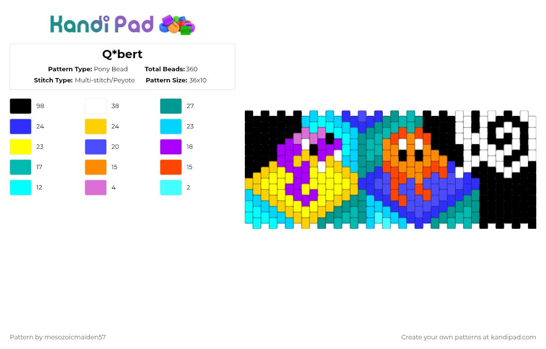 Q*bert - Pony Bead Pattern by mesozoicmaiden57 on Kandi Pad - purple,teal,light blue,yellow,arcade,videogame,80s,retro,video game,pixel,tiles