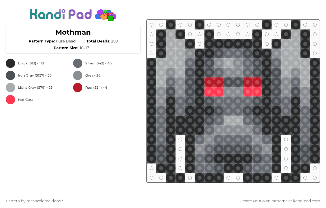 Mothman - Fuse Bead Pattern by mesozoicmaiden57 on Kandi Pad - gray