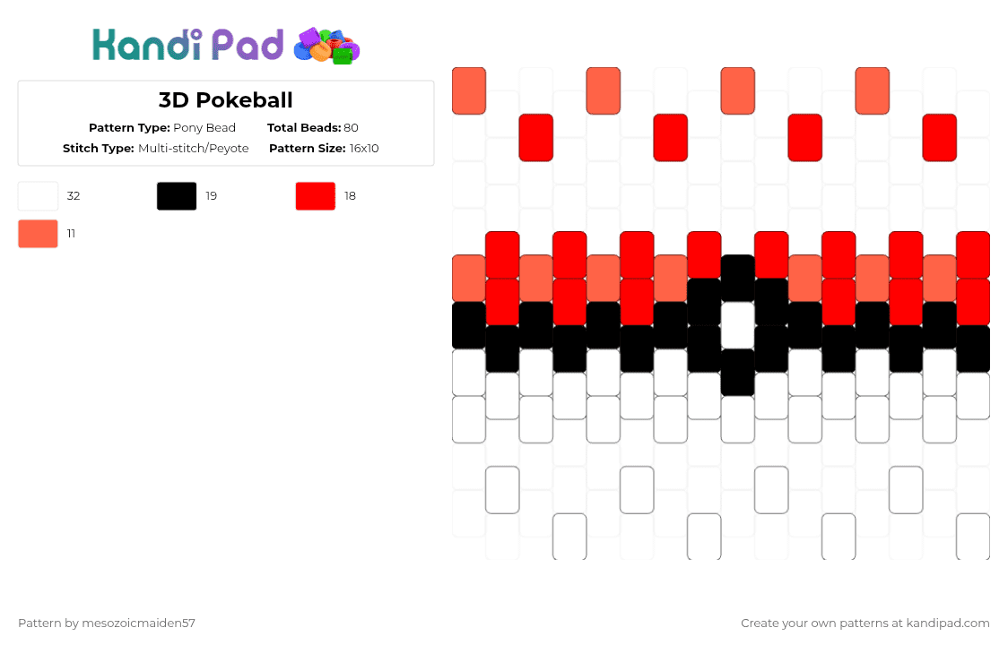 3D Pokeball - Pony Bead Pattern by mesozoicmaiden57 on Kandi Pad - white,red,pokemon,pokeball,3d,pkmn,video game