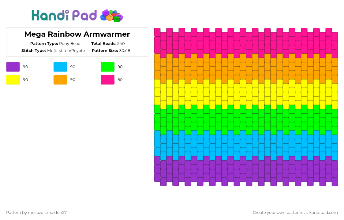 Mega Rainbow Armwarmer - Pony Bead Pattern by mesozoicmaiden57 on Kandi Pad - light blue,yellow,pink,colorful