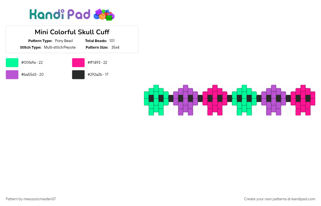 Mini Colorful Skull Cuff - Pony Bead Pattern by mesozoicmaiden57 on Kandi Pad - goth, gothic, halloween, neon, pastel goth, pink, skeleton, skulls, spooky, teal