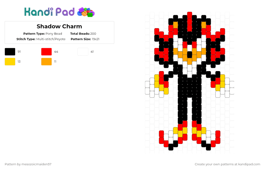 Shadow Charm - Pony Bead Pattern by mesozoicmaiden57 on Kandi Pad - shadow,sonic the hedgehog,sega,character,gaming,video game,red