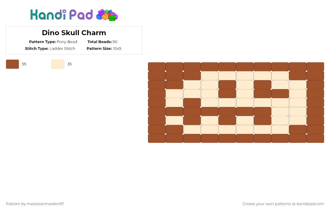 Dino Skull Charm - Pony Bead Pattern by mesozoicmaiden57 on Kandi Pad - beige,red