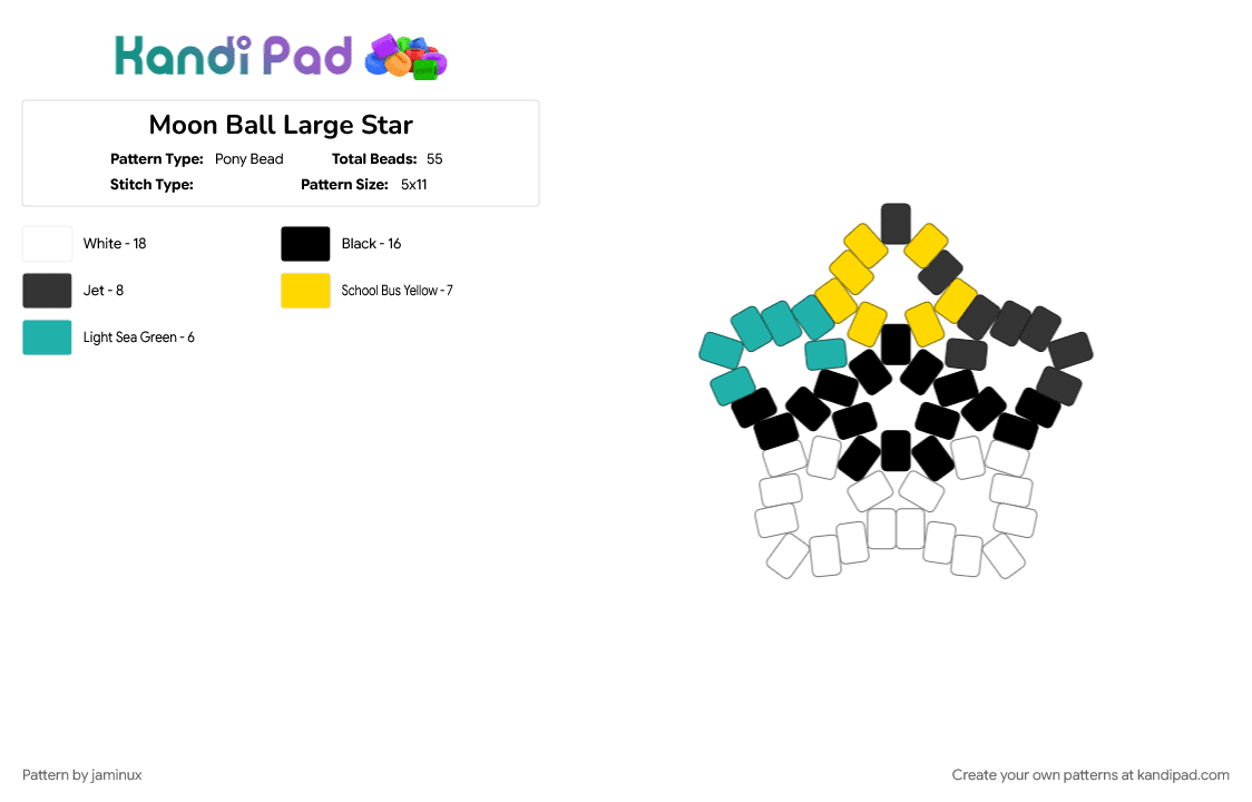 Moon Ball Large Star - Pony Bead Pattern by jaminux on Kandi Pad - beginner, crescent, easy, gaming, keychain, poke ball, pokemon, pony beads, teal, yellow