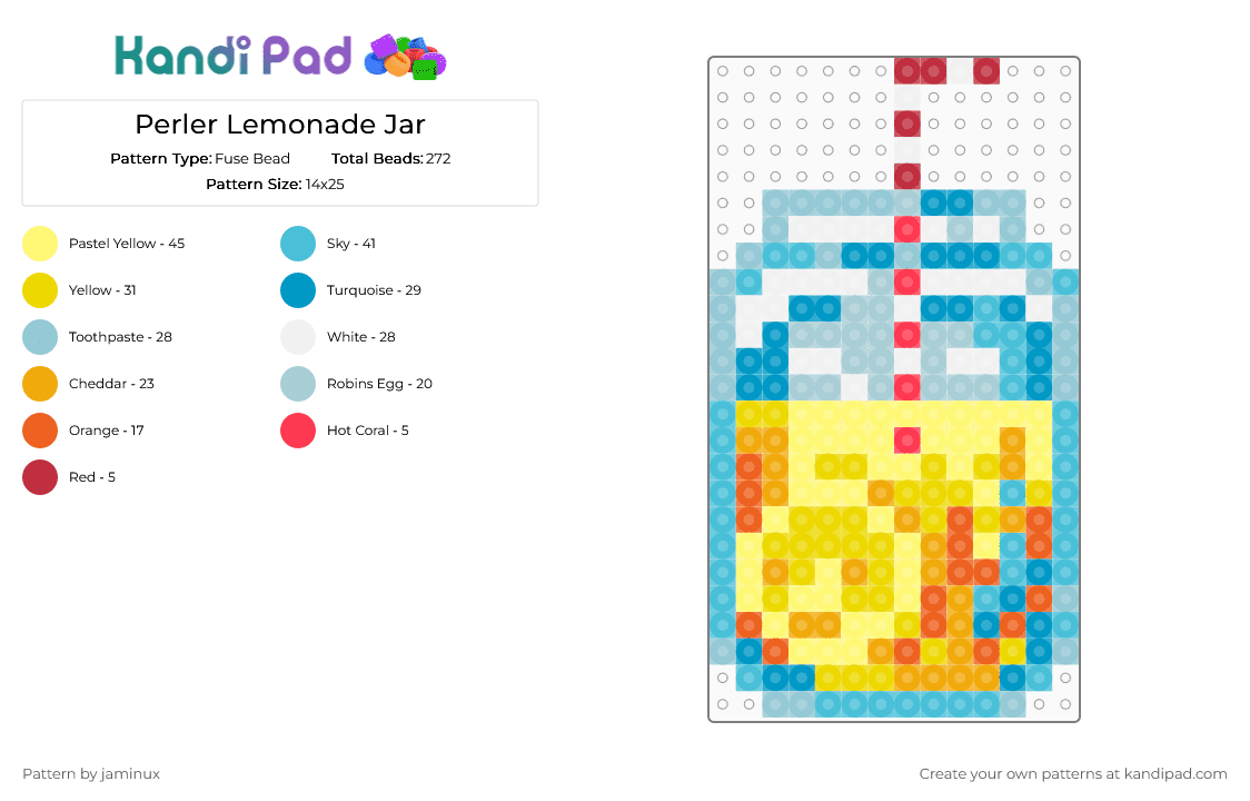 Perler Lemonade Jar - Fuse Bead Pattern by jaminux on Kandi Pad - light blue,yellow,picnic,drink,food
