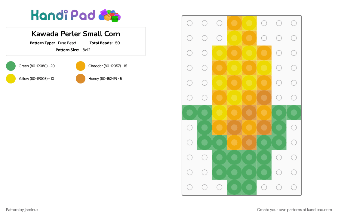 Kawada Perler Small Corn - Fuse Bead Pattern by jaminux on Kandi Pad - easy, food, green, orange, tiny, vegetable, veggies, yellow