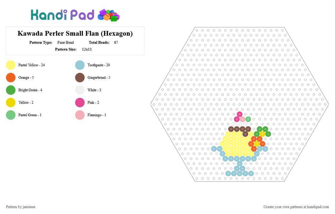 Kawada Perler Small Flan (Hexagon) - Fuse Bead Pattern by jaminux on Kandi Pad - light blue,yellow,tiny,mini,dessert,japanese,food,cotdfoodfestival