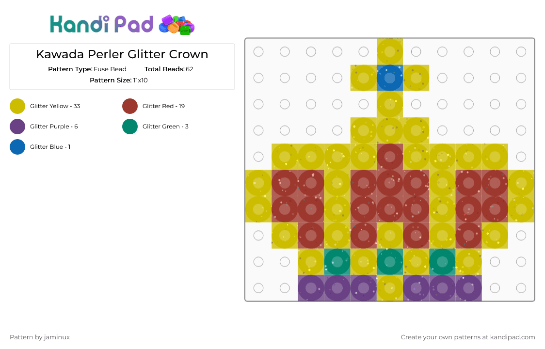 Kawada Perler Glitter Crown - Fuse Bead Pattern by jaminux on Kandi Pad - yellow,red,small,king,queen,royal
