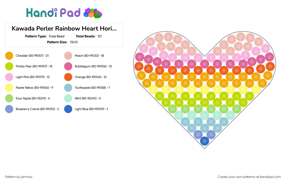 Kawada Perler Rainbow Heart Horizontal - Fuse Bead Pattern by jaminux on Kandi Pad - beige, cute, green, love, orange, pastel, pink, stripes