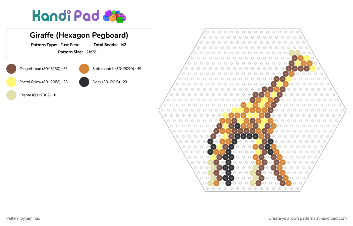 Giraffe (Hexagon Pegboard) - Fuse Bead Pattern by jaminux on Kandi Pad - animal, brown, fuse beads, nature, orange, perler, safari, tan