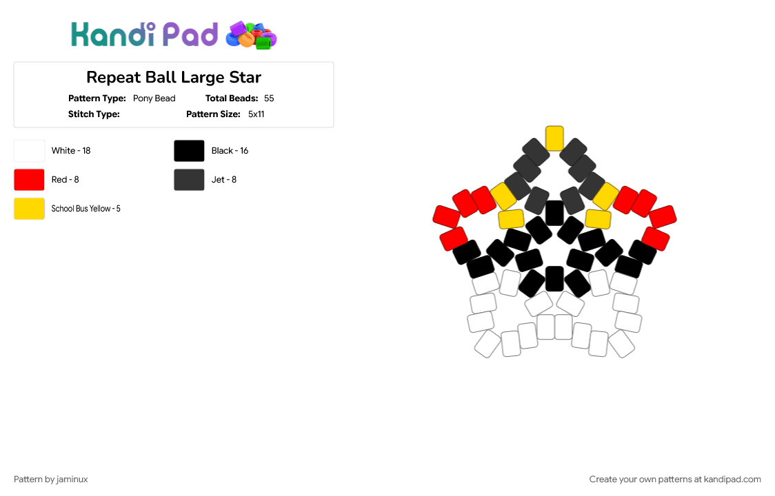 Repeat Ball Large Star - Pony Bead Pattern by jaminux on Kandi Pad - beginner, easy, gaming, keychain, poke ball, pokemon, pony beads, red, yellow
