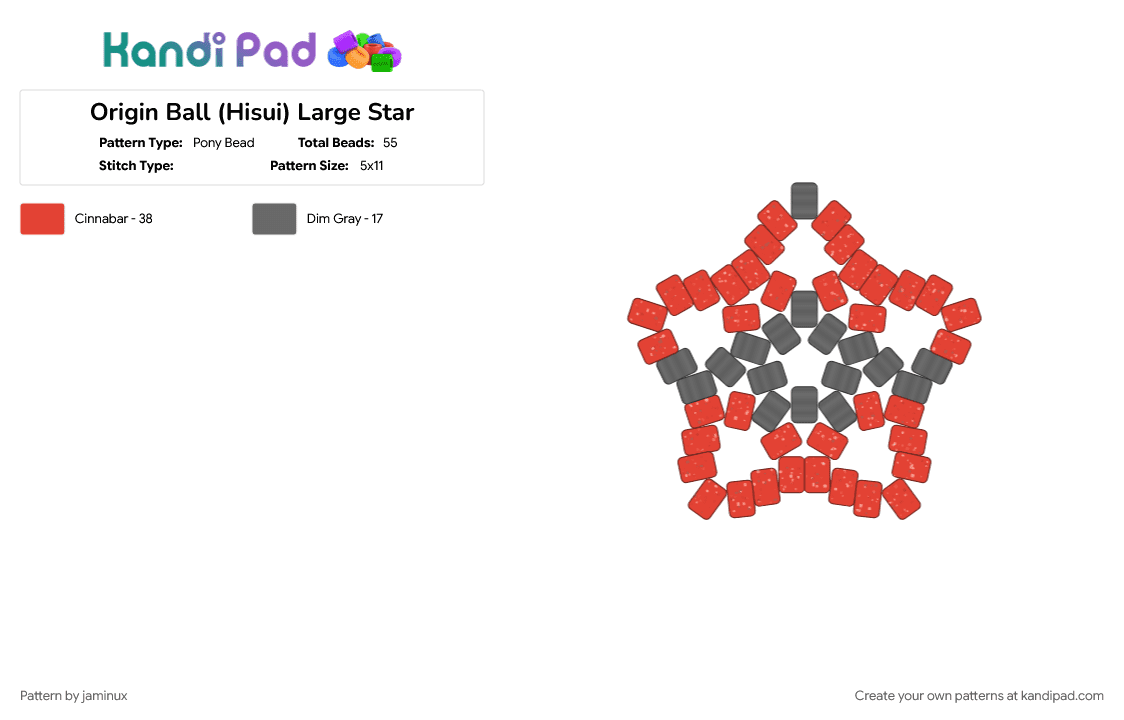 Origin Ball (Hisui) Large Star - Pony Bead Pattern by jaminux on Kandi Pad - beginner, easy, gaming, gray, keychain, poke ball, pokemon, pony beads, red