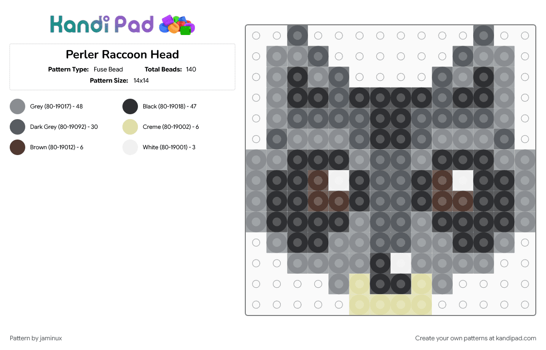 Perler Raccoon Head - Fuse Bead Pattern by jaminux on Kandi Pad - animal, cute, fuse beads, gray, nature, small