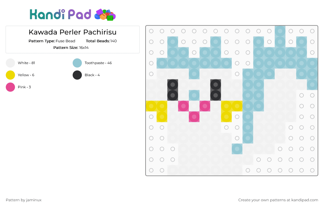 Kawada Perler Pachirisu - Fuse Bead Pattern by jaminux on Kandi Pad - white,light blue,pokemon,pkmn,small