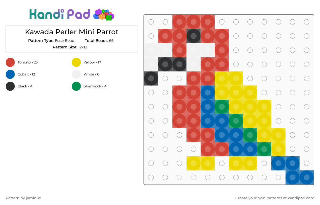 Kawada Perler Mini Parrot - Fuse Bead Pattern by jaminux on Kandi Pad - red,yellow,small,tiny,bird,animal,pet