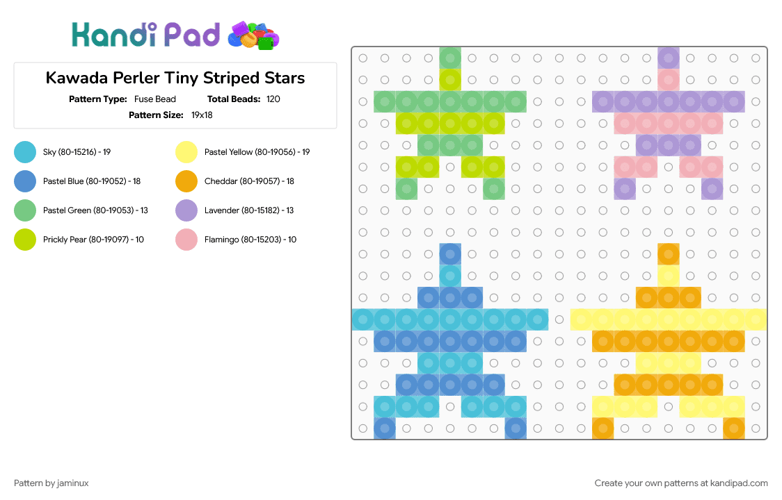 Kawada Perler Tiny Striped Stars - Fuse Bead Pattern by jaminux on Kandi Pad - blue, green, light blue, orange, pastel, pink, purple, small, yellow