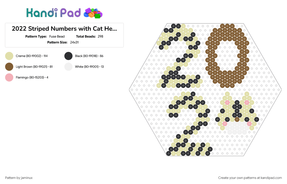 2022 Striped Numbers with Cat Head (Hexagon Board) - Fuse Bead Pattern by jaminux on Kandi Pad - cute, fuse beads, kitty, perler, stripes, tan, text, yellow
