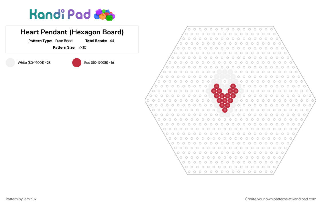 Heart Pendant (Hexagon Board) - Fuse Bead Pattern by jaminux on Kandi Pad - charm, easy, fuse beads, keychain, love, perler, red, simple, white