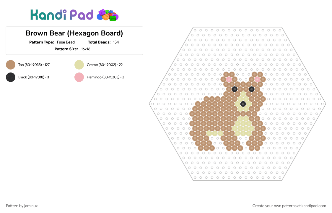 Brown Bear (Hexagon Board) - Fuse Bead Pattern by jaminux on Kandi Pad - animal, beige, brown, fuse beads, nature, perler, tan