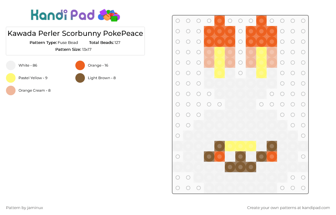 Kawada Perler Scorbunny PokePeace - Fuse Bead Pattern by jaminux on Kandi Pad - white,orange,pokemon,pkmn,small