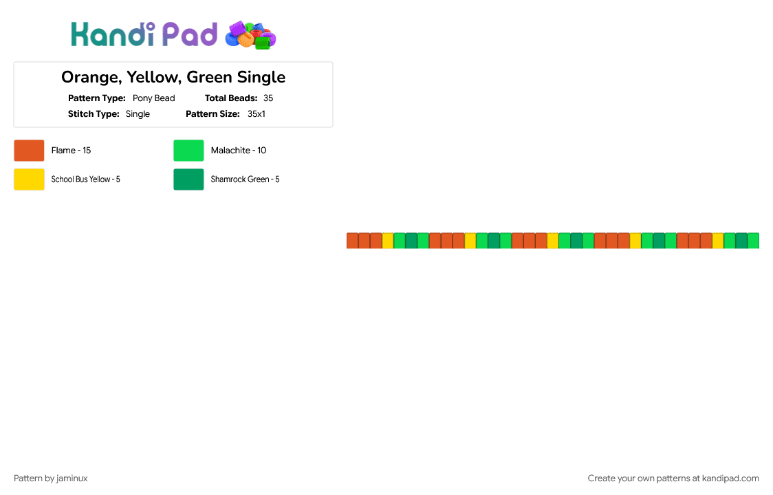 Orange, Yellow, Green Single - Pony Bead Pattern by jaminux on Kandi Pad - bracelet, colorful, colourful, red, teal