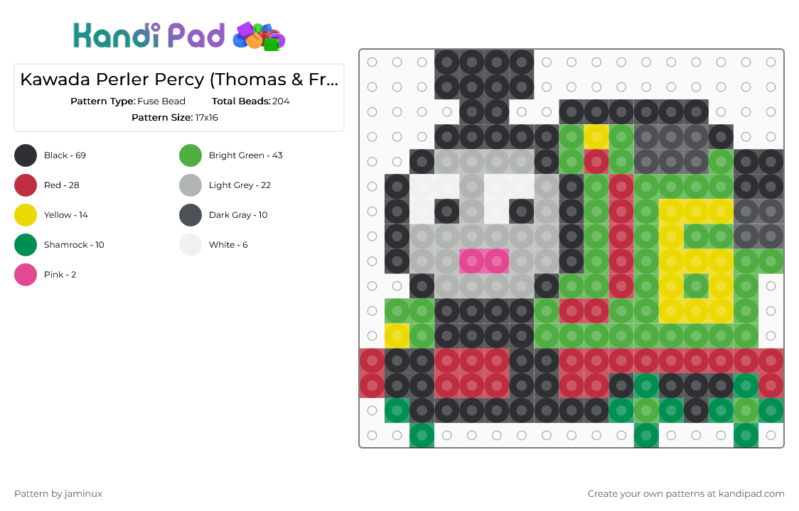 Kawada Perler Percy (Thomas & Friends) - Fuse Bead Pattern by jaminux on Kandi Pad - green,red,beige,small,train,tank engine
