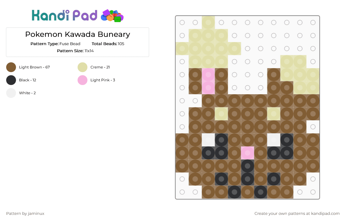 Kawada Perler Buneary - Fuse Bead Pattern by jaminux on Kandi Pad - tan,pokemon,pkmn,small