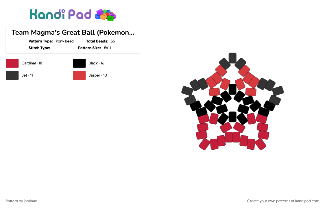 Team Magma\'s Great Ball (Pokemon TCG) Large Star - Pony Bead Pattern by jaminux on Kandi Pad - beginner, black, easy, gaming, keychain, poke ball, pony beads, red