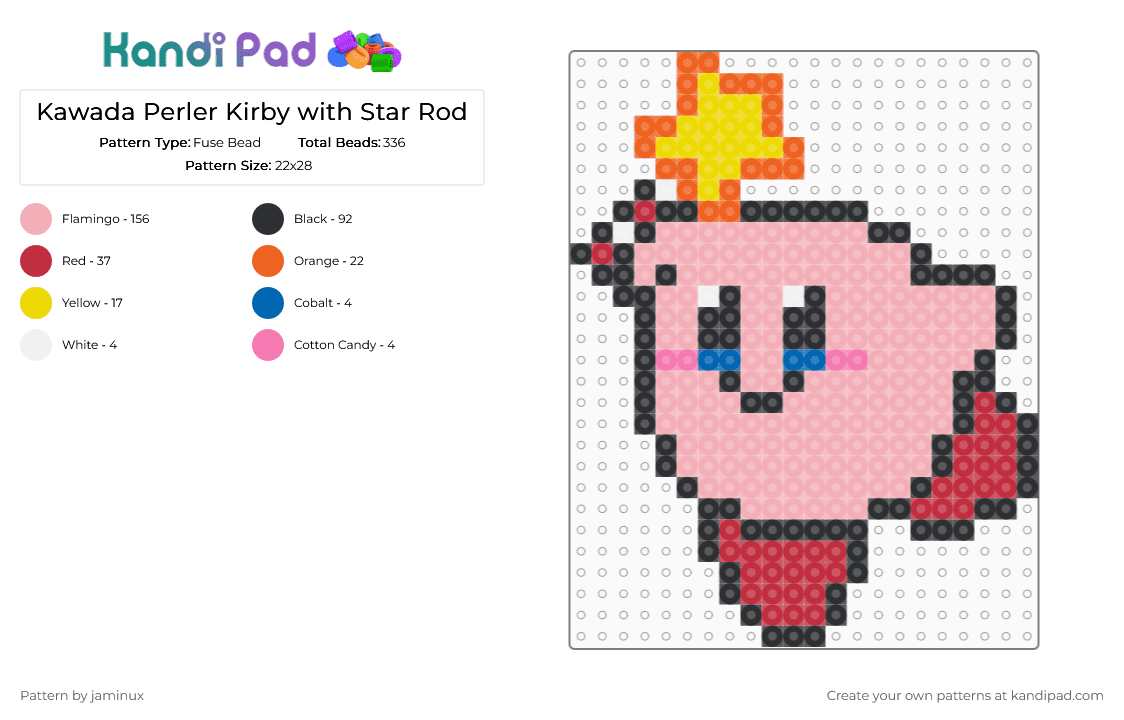 Kawada Perler Kirby with Star Rod - Fuse Bead Pattern by jaminux on Kandi Pad - red,beige,pink,cute,kawaii,nintendo