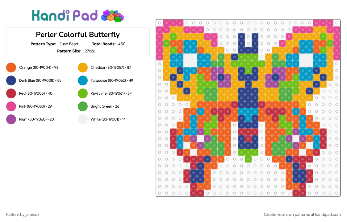 Perler Colorful Butterfly - Fuse Bead Pattern by jaminux on Kandi Pad - animal, bug, colourful, cute, fuse beads, insect, nature, orange, trippy