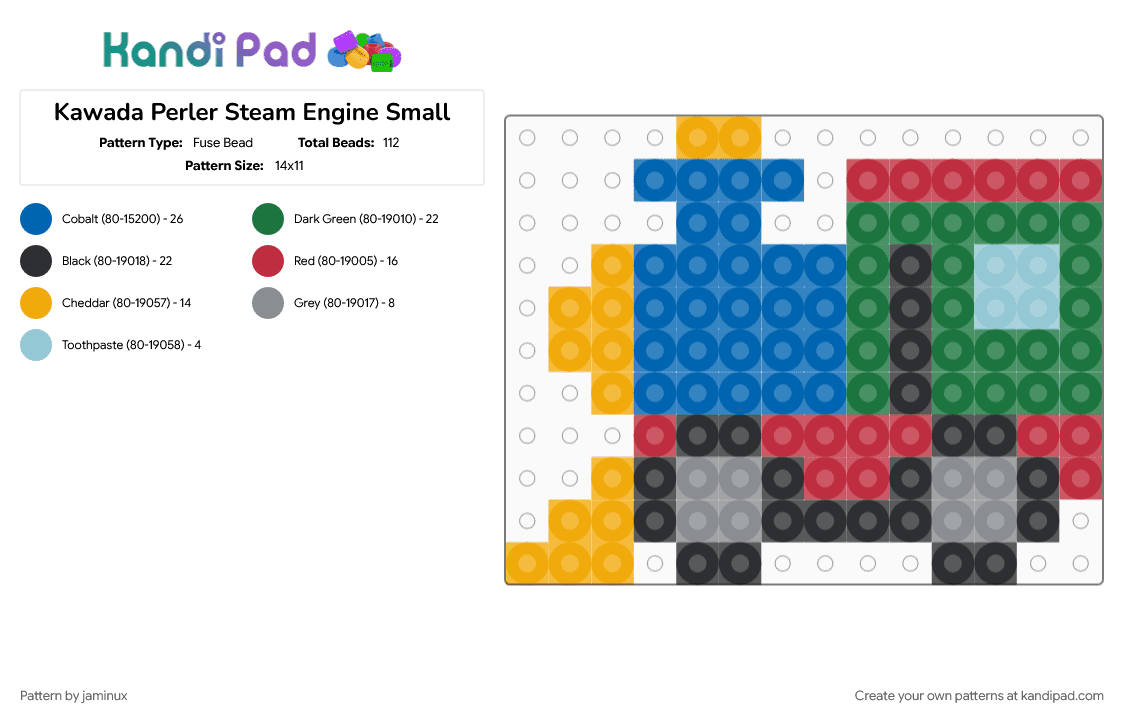 Kawada Perler Steam Engine Small - Fuse Bead Pattern by jaminux on Kandi Pad - blue, colorful, colourful, green, orange, red, train