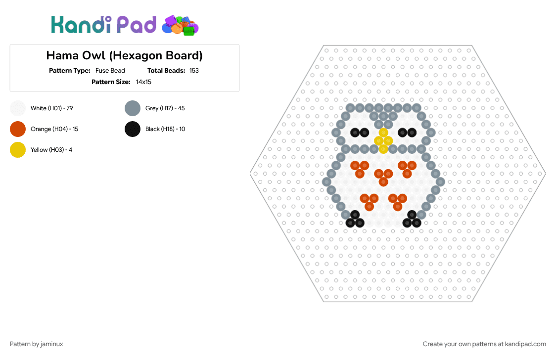 Hama Owl (Hexagon Board) - Fuse Bead Pattern by jaminux on Kandi Pad - animal, bird, easy, fuse bead, gray, nature, perler, simple, white