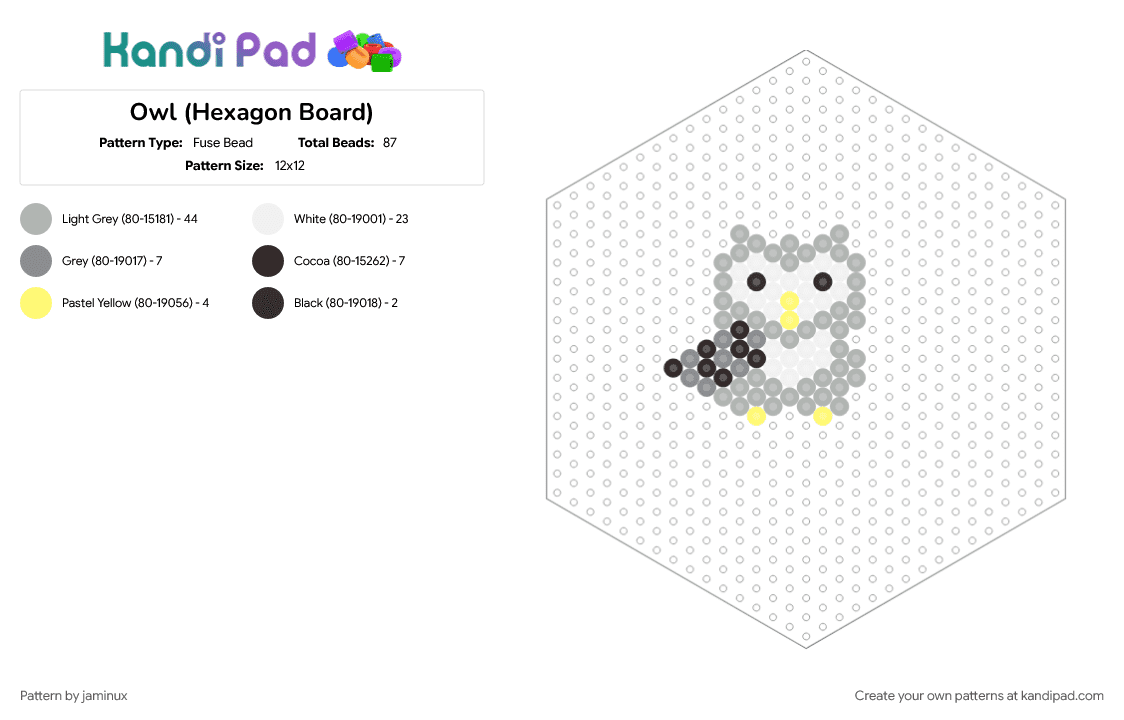 Owl (Hexagon Board) - Fuse Bead Pattern by jaminux on Kandi Pad - animal, beige, bird, fuse beads, gray, grey, nature, perler, small