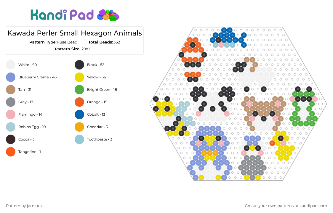 Kawada Perler Small / Tiny Animals (Hexagon) - Fuse Bead Pattern by jaminux on Kandi Pad - light blue,yellow,beige,bear,sheep,fish,penguin,rabbit,frog,bee,duck
