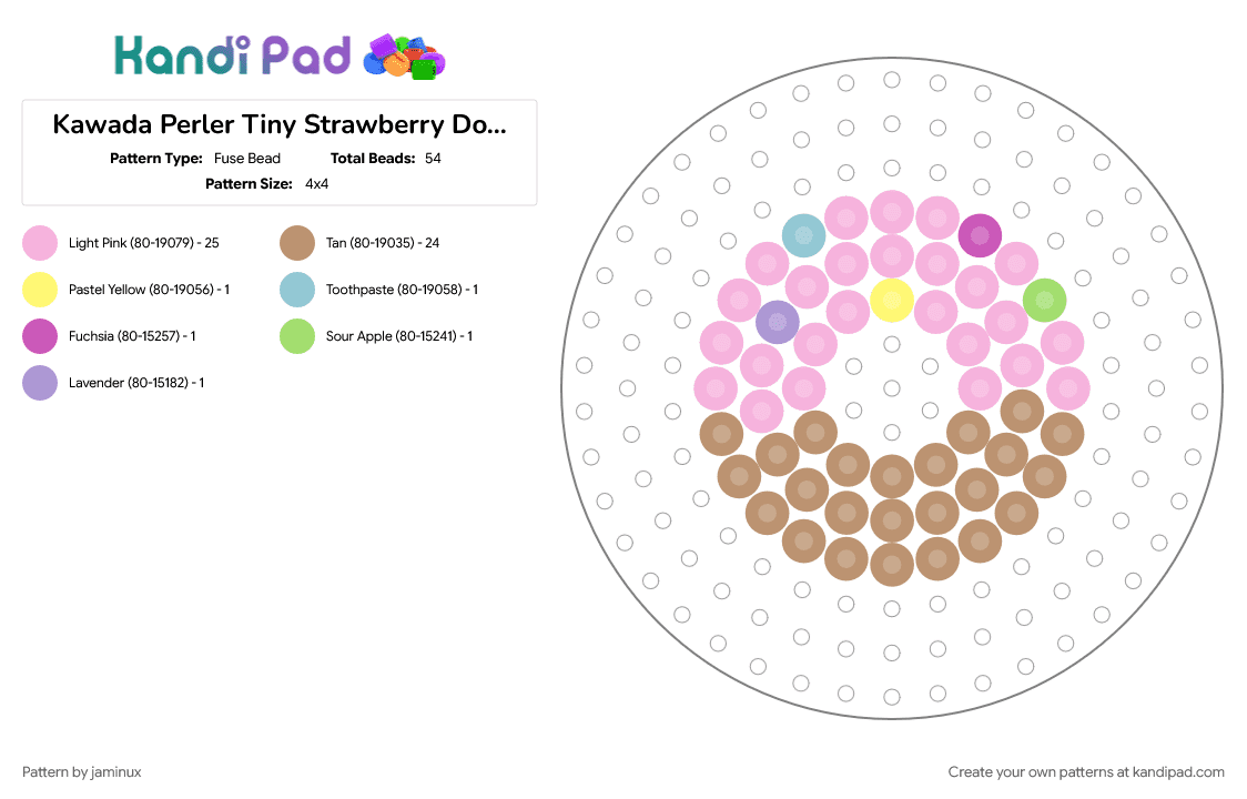 Kawada Perler Tiny Strawberry Donut (Circle Pegboard) - Fuse Bead Pattern by jaminux on Kandi Pad - beige, dessert, doughnut, pink, small, sweets