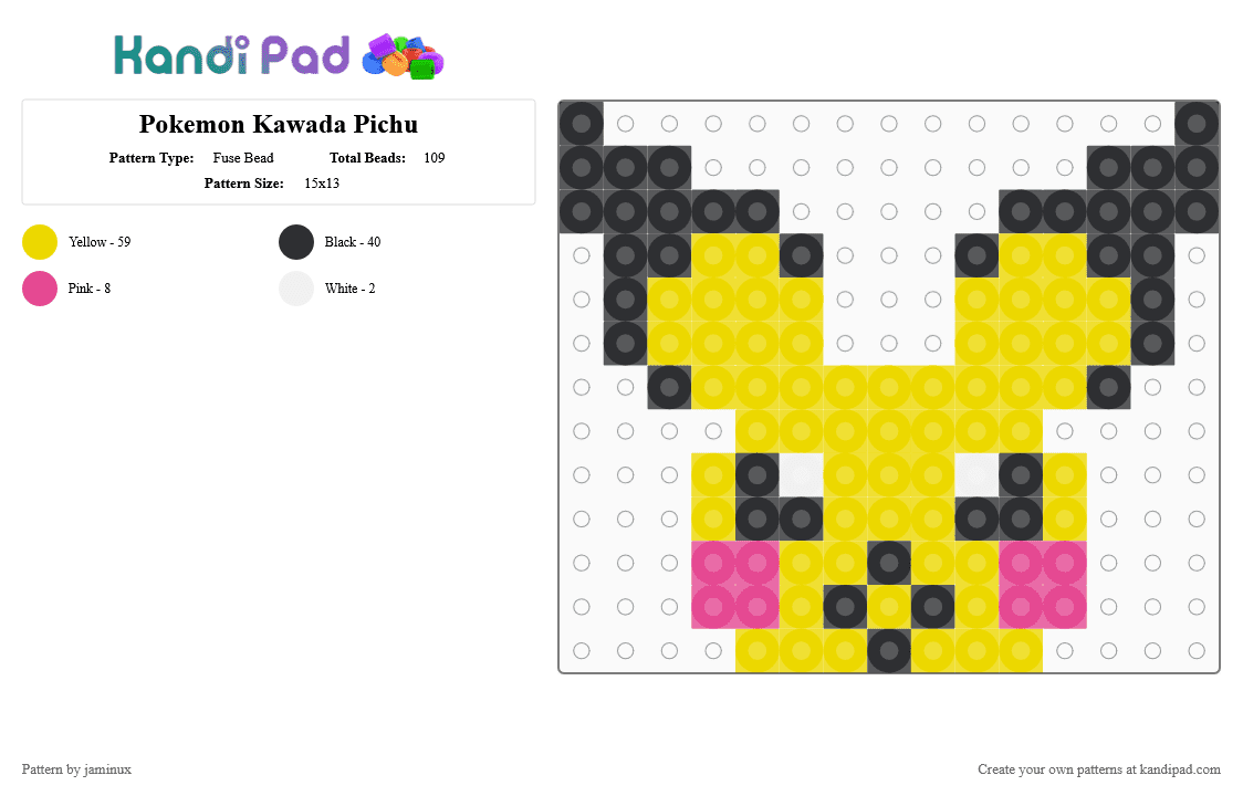 Kawada Perler Pichu - Fuse Bead Pattern by jaminux on Kandi Pad - yellow,pokemon,pkmn,small