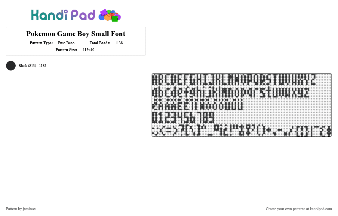 Pokemon Game Boy Small Font - Fuse Bead Pattern by jaminux on Kandi Pad - black,letters,numbers,symbols,words
