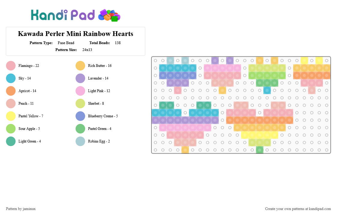 Kawada Perler Mini Rainbow Hearts - Fuse Bead Pattern by jaminux on Kandi Pad - light blue,pink,beige,yellow,small,tiny,pastel