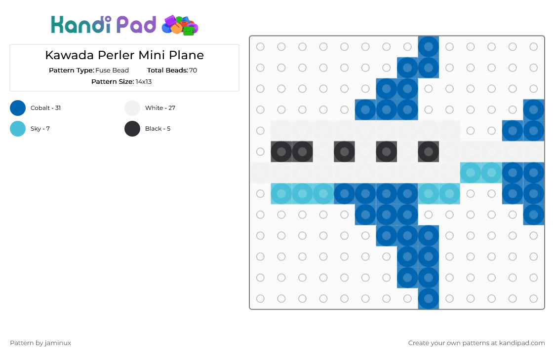 Kawada Perler Mini Plane - Fuse Bead Pattern by jaminux on Kandi Pad - blue,small,tiny,airplane,aircraft,aeroplane