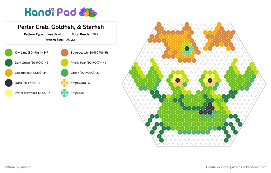 Perler Crab, Goldfish, & Starfish (Hexagon Board) - Fuse Bead Pattern by jaminux on Kandi Pad - fish, fuse beads, green, orange, sea life, sea star, small, star