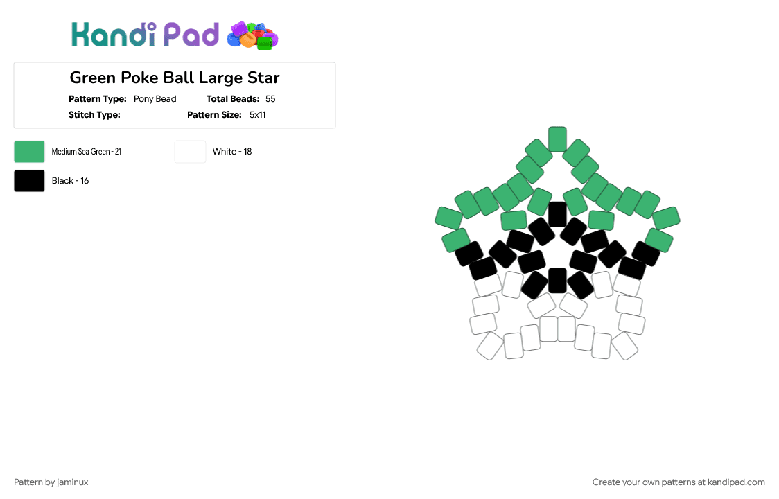 Green Poke Ball Large Star - Pony Bead Pattern by jaminux on Kandi Pad - beginner, easy, gaming, green, keychain, pokemon, pony beads, simple, white
