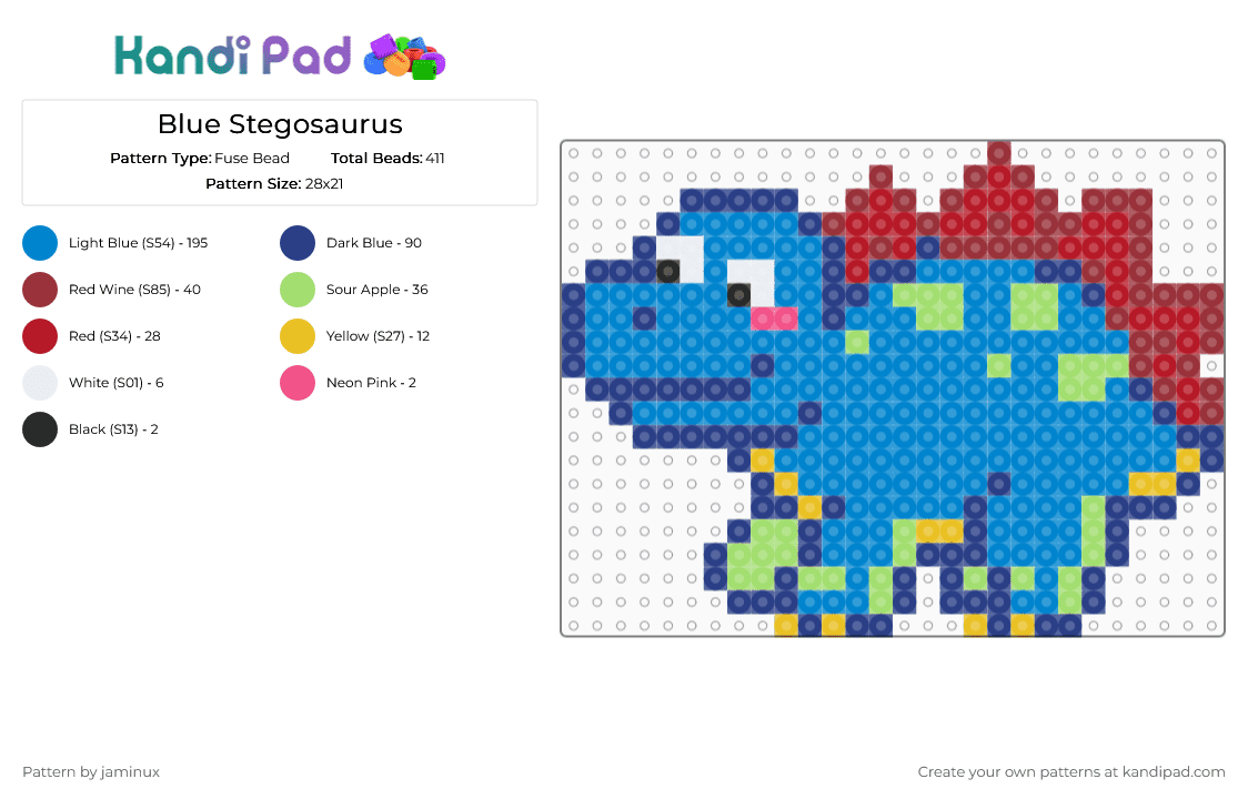 Blue Stegosaurus - Fuse Bead Pattern by jaminux on Kandi Pad - blue,dino,dinos,dinosaur