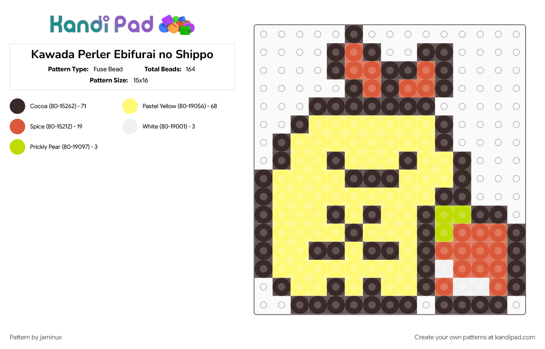 Kawada Perler Ebifurai no Shippo - Fuse Bead Pattern by jaminux on Kandi Pad - brown, character, fuse bead, kawaii, pastel, san x, shrimp, small, sumikko gurashi, yellow