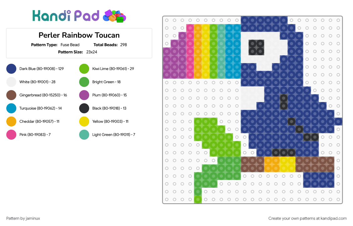 Perler Rainbow Toucan - Fuse Bead Pattern by jaminux on Kandi Pad - animal, bird, blue, colorful, colourful, cute, fuse beads, green, nature, rainbows
