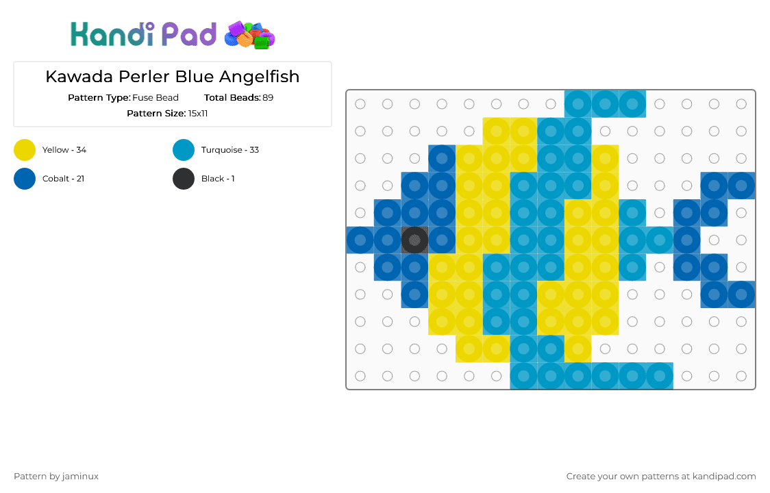Kawada Perler Blue Angelfish - Fuse Bead Pattern by jaminux on Kandi Pad - yellow,light blue,animal,nature,fish,aquatic,sea,small